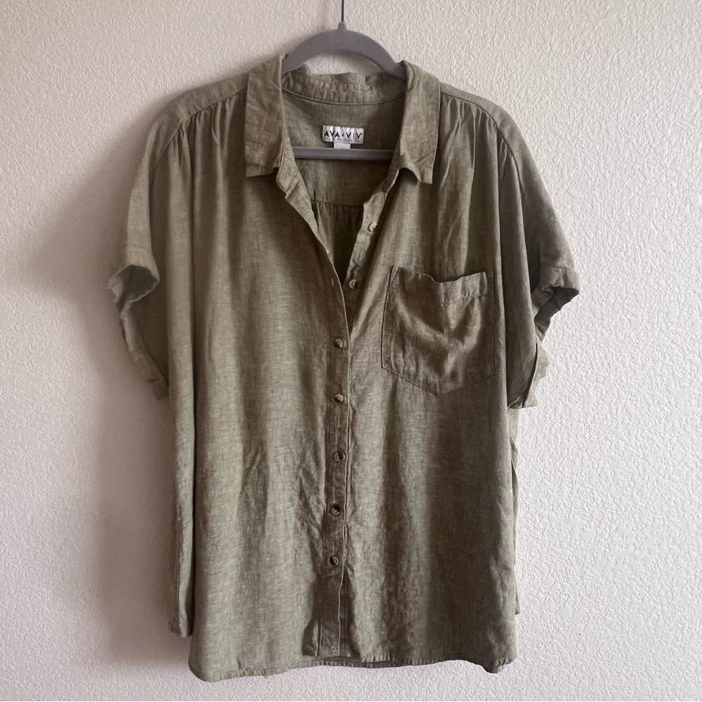 Linen Blend Ava & Viv Olive green Button front Blouse Shirt summer plus 2X
